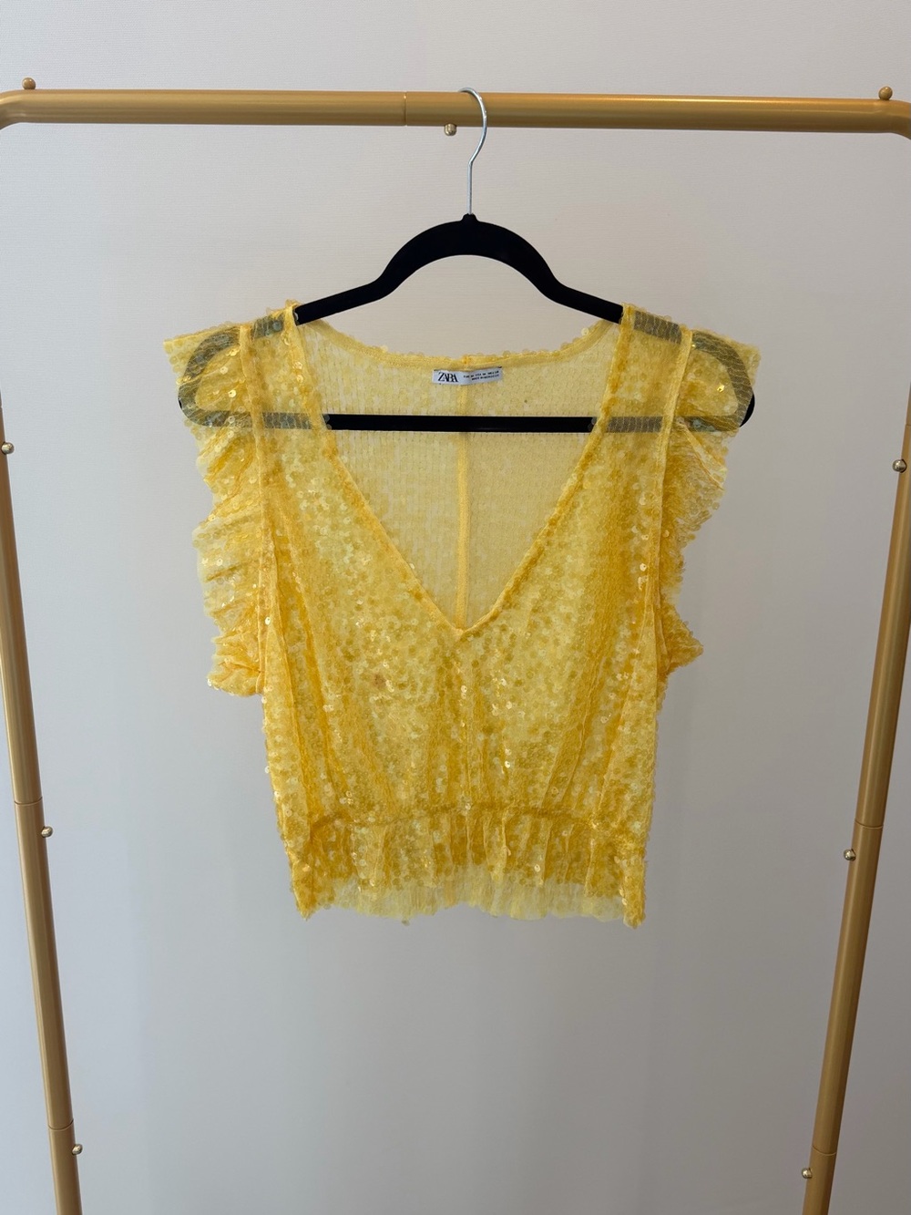 Zara Yellow Sequin V-Neck Ruffle Crop Blouse